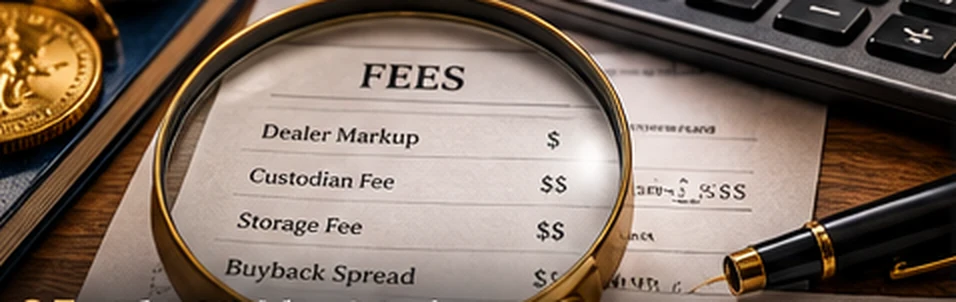 Illustrative magnifying glass examining a precious-metals purchase fee document beside a calculator