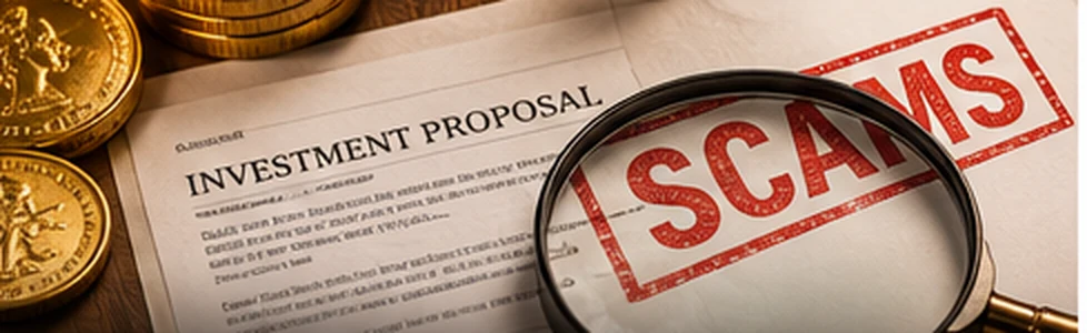 Illustrative gold-investment proposal with a warning stamp and magnifying glass