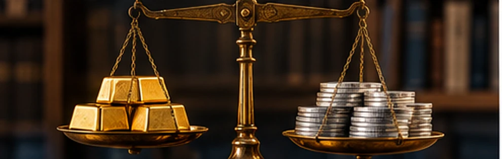 Illustrative antique balance scale weighing gold bullion and silver coins
