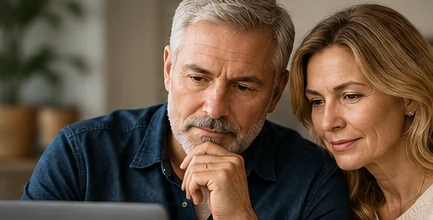 Two retirement planners considering financial paperwork near a lake, illustrative